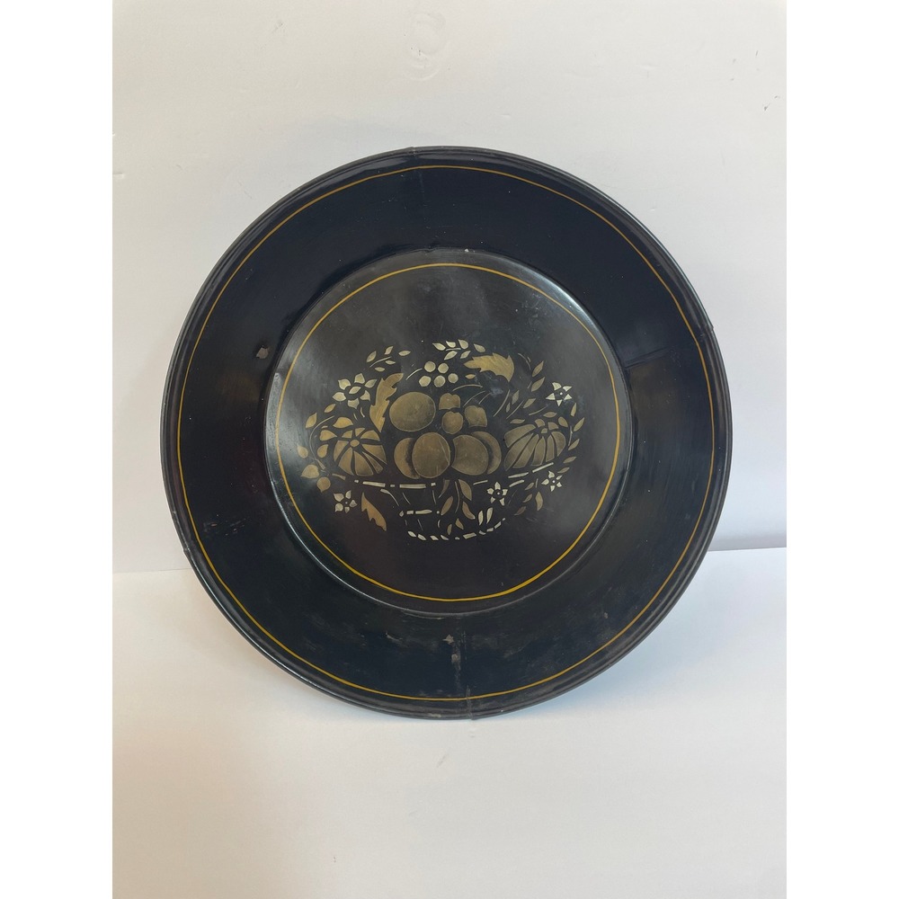 Vintage Toleware Large Round Tin Bowl Black Gold Fruit Basket Hand Painted LARGE